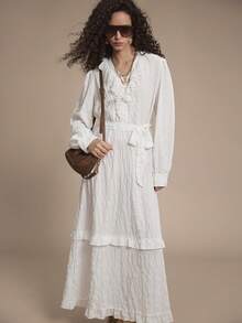 Florisole Women's Solid Color V-Neck Tie Waist Ruffle Hem Elegant Long Sleeve Dress  Romantic - White - View 3