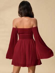 SHEIN PETITE 浪漫露肩荷叶边袖腰连衣裙 - 酒紅色 - 查看 2