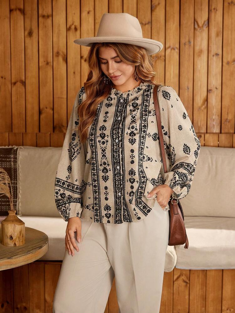Women's Ruffle Trim Print Long Sleeve Blouse  Stylish Clothing Collection Boho Blouses Western Tops Women Casual Blouses For Women Lantern Sleeve Blouse Elegant Party Clothes For New Year Christmas Clothes For Women  Winter Clothes For Women Women's Social Blouse