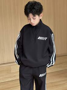 SHEIN Little Byeori 2pcs Tween Boy Casual Korean Style Loose Fit Jacket With Stand Collar & Drawstring Pants Set, Suitable For Autumn/Winter Athleisure