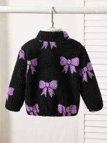 SHEIN Süße Baby-Mädchen Schleife Dekor Fleece Stehkragenjacke, lässig & vielseitig für Herbst/Winter - Schwarz - Übersicht 2