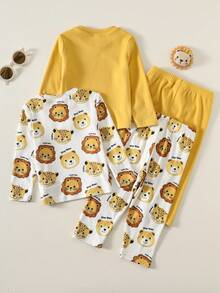 SHEIN 4 件套男婴卡通狮子印花休闲舒适圆领长袖 T 恤和睡裤套装，秋冬 - 彩色 - 查看 2