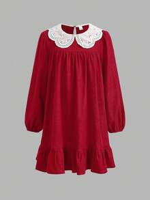 SHEIN Tween Girl Red And White Corduroy Patchwork Lace Peter Pan Collar Long Sleeve Dress,Elegant Autumn Winter Cake A-Line Party Dress For Back To School - Red - View 5