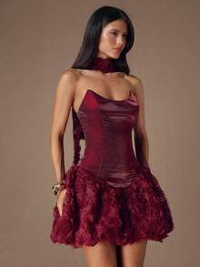 SHEIN BAE Women's Burgundy Strapless Ruched Puff Mini Dress,Autumn 70s Retro Party Banquet Event Elegant Formal Winter Dress,Valentine's Day Outfits For Women - Burgundy - View 5