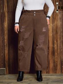 EMERY ROSE 大码休闲复古纯色破洞牛仔裤 - 鏽棕色 - 查看 3