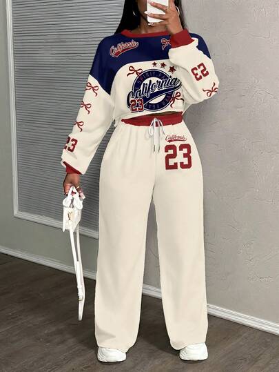 Slaydiva Plus Size Women's Casual Street Style Retro Contrast Color Letter Number 23 Badge Bow Sweet Cool Print Pattern Loose Sporty 2 Pieces Set, Suitable For Autumn/Winter Fashion Hip-Hop Chic Y2k Outfit Two Piece Set Women Comfy 2 Piece Pants Set 2 Piece Casual Sets Woman Baseball Outfit