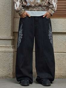 AXEPEAK Jeans casuales de pierna ancha y bolsillo con estampado de llamas para hombres - Negro - Ver 3