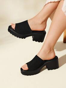 CUCCOO BASICS Women's Fashionable Black Fabric Upper Casual Sandals With Thick Platform And Chunky Heel Spring Shoes Spring Break Easter For Christmas - Black - View 4