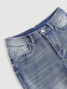 Girlism 少女刺绣线条图案蓝色牛仔低腰弹力紧身喇叭牛仔裤 - 淺色水洗藍 - 查看 6