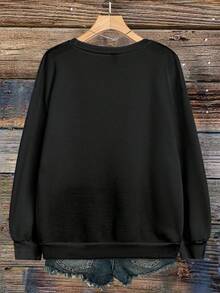 EMERY ROSE 大码女式保暖内衬花卉标语印花套头衫长袖上衣 - 黑色 - 查看 2