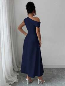 Modelyn Women's Yellow Asymmetric-Shoulder Ruched Waist Elegant Dress - Navy Blue - View 3