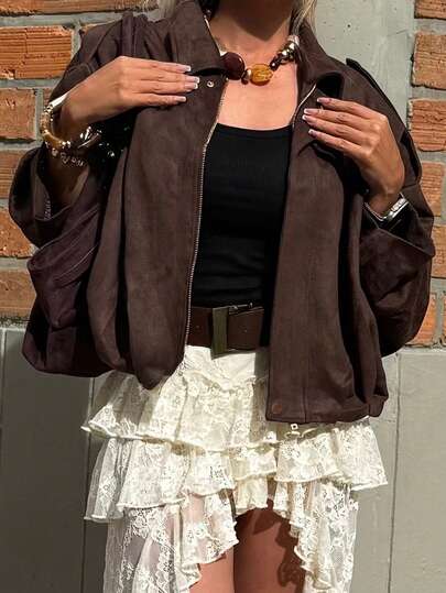 Siren Gaze 2025 Autumn/Winter Women's Faux Suede Collar Jacket, Loose Fit, Elegant,Brown Jacket Casual Spring