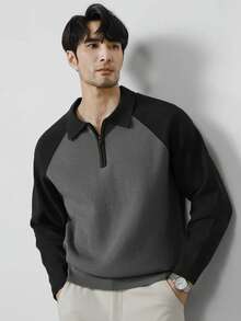 Claim Dot Men's Contrast Color Zipper Polo Collar Raglan Sleeve Casual Sweater, Autumn/Winter - Dark Grey - View 3