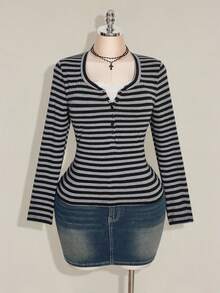 SHEIN ICON Áo thun ôm sát kẻ sọc ren tương phản cỡ lớn dành cho nữ, Thu/Đông - Nhiều màu - Xem 3