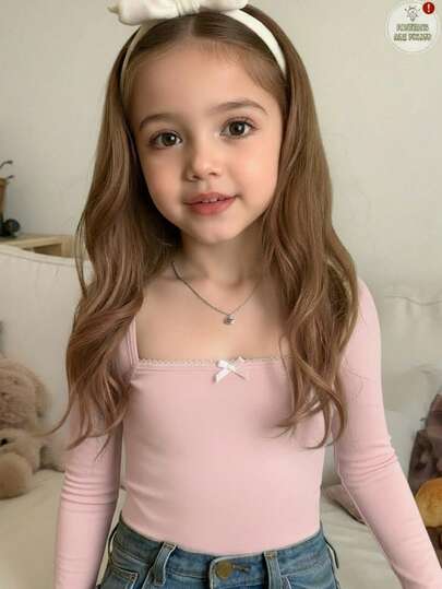 SHEIN Young Girl Solid Color Ruffle Collar Bowknot Fitted Long Sleeve Cropped Casual Elegant T-Shirt, Sweet & Cool Girl, Personalized Cute, School Style, Back To School Season