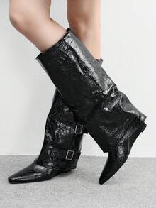 CUCCOO BIZCHIC Women's Fashion Versatile Square Toe Wedge Ankle Boots - Black - View 5