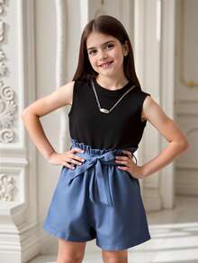 SHEIN Tween Girl Solid Color Vest And Shorts 2 Piece Set