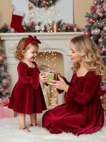 1-Pack Cute Baby Girl Knitted Red Dress With Lace Decoration, Suitable For Autumn And Winter, Red Is Suitable For Christmas, Party Wear, Daily Wear, School Daily, Birthday Dress, Princess Dress, Mom And Daughter And Sisters Matching