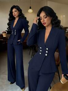 Elenzga 女士海军蓝V领双排扣金属装饰纽扣收腰长袖上衣搭配宽松直筒裤套装，优雅职业装，适合职场、教师、独立日、圣诞节、感恩节、秋季等场合。 - 藏蓝色 - 查看 1