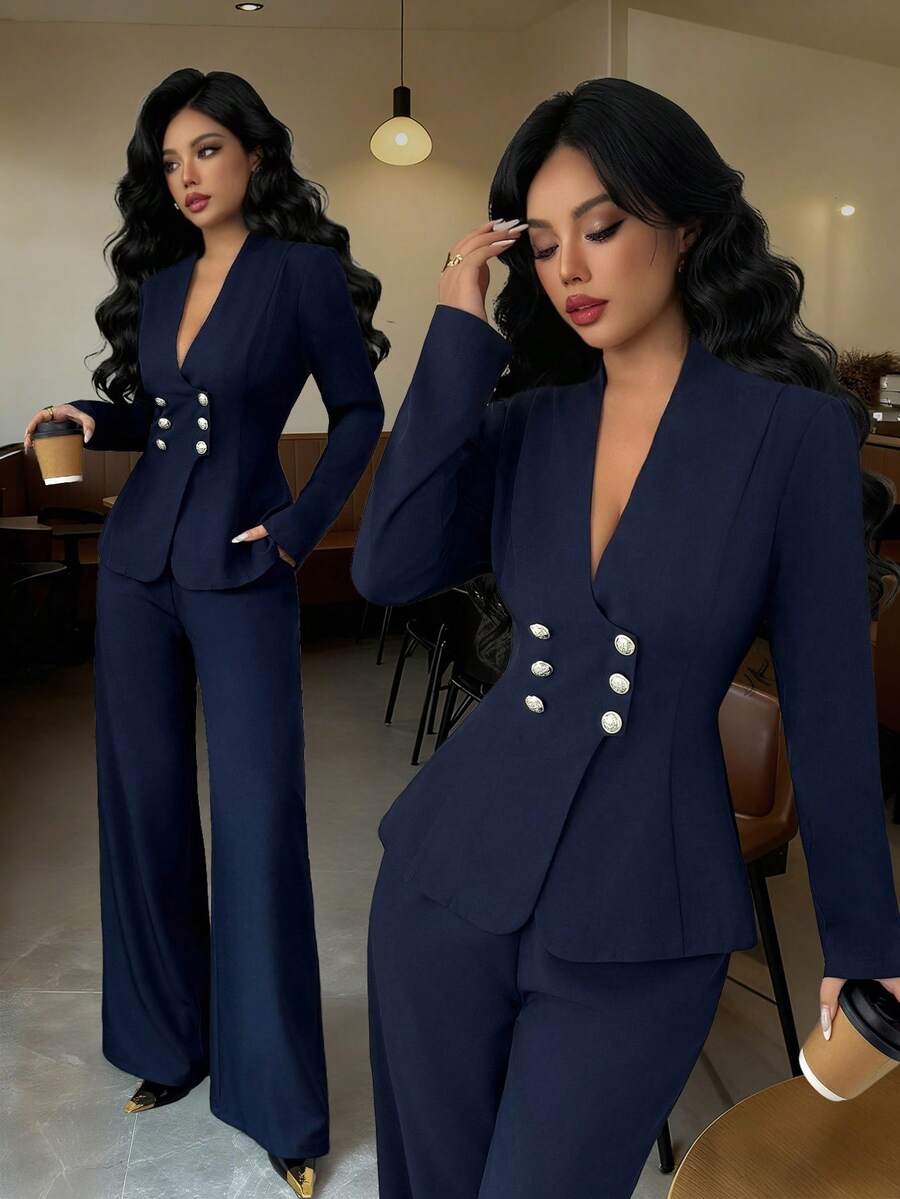 Elenzga 女士海军蓝V领双排扣金属装饰纽扣收腰长袖上衣搭配宽松直筒裤套装，优雅职业装，适合职场、教师、独立日、圣诞节、感恩节、秋季等场合。 - 藏蓝色 - 查看 1