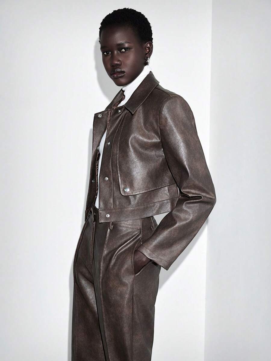 Lumivelle Women's Fashion Lapel Fitted Long Sleeve Jacket + Straight Leg PU Leather Pants Suit Brown Leather Pants Leather Suit Leather Outfit - Coffee Brown - View 1