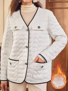 SHEIN Clasi 女式 V 领心形格子绗缝撞色饰边金属纽扣优雅夹克，适合派对、万圣节、感恩节、秋冬 - 黑與白 - 查看 1