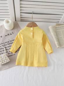 Newborn Baby Stylish Cute 3D Bow Back Button Long Sleeve Knitted Sweater Dress, Soft & Comfortable, Suitable For Spring/Autumn, Daily, Outing, Travel, Vacation, Home, Daycare, Kids Play Baby Girl Clothes Baby Knitwear Knit Baby Dress Infant Yellow Dress Yellow Baby Dress Baby Girl Clothes Spring Fall Yellow Baby Girl Clothes Lemon Shirt For Baby Girl Baby Winter Dress - Yellow - View 7