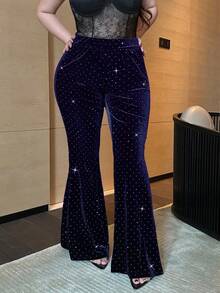 Flirla Pantalones de pierna acampanada con ajuste ceñido y adornos de strass negros para tallas grandes - Azul Marino - Ver 7