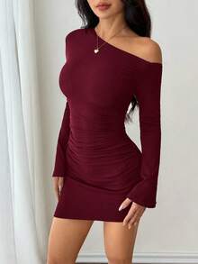 SHEIN PETITE 女式春装新年夜约会罗纹针织褶饰不对称领口修身半身裙 - 酒紅色 - 查看 3