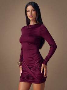 SHEIN BAE 秋冬女士性感褶饰紧身迷你连衣裙、酒红色鸡尾酒会礼服、性感派对礼服 - 酒紅色 - 查看 7