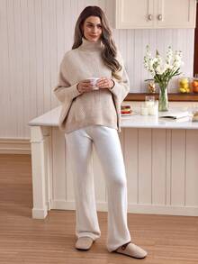 Louniche Elegant Minimalist Apricot Turndown Collar Raglan Sleeve Loose Knit Pullover Sweater For Women, Suitable For Commuting, Autumn/Winter - Apricot - View 4
