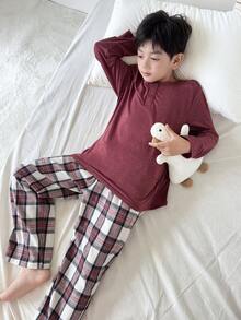 SHEIN 2 件儿童/青少年男童休闲舒适半拉链套头长袖宽松睡衣上衣和格子直筒宽松睡裤睡衣套装 - 彩色 - 查看 4