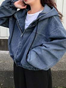 Dazy Plus Plus Size Women Light Wash Denim Jacket, Hooded Zip-Up Loose Lantern Sleeve Hem Drawstring Casual Outerwear - Medium Wash - View 1