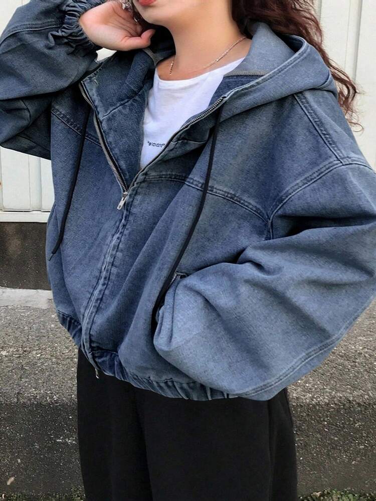 Dazy Plus Plus Size Women Light Wash Denim Jacket, Hooded Zip-Up Loose Lantern Sleeve Hem Drawstring Casual Outerwear