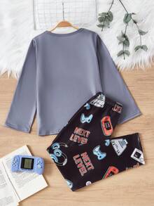 2pcs Tween Boy Video Game Print Pajama Set - Dark Grey - View 2