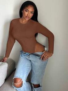 Alexandranx Bodysuit Wanita Slim Fit Polos untuk Musim Semi, Wanita Bertubuh Mungil - Coklat - View 5