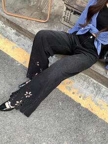 DAZY Women's Casual Distressed Floral Hollow-Out Denim Jeans - Black - View 7