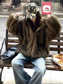 DAZY Damjacka med lång ärm och lös luva, casual, fluffig jacka för höst/vinter - Kaffebrun - Visa 8