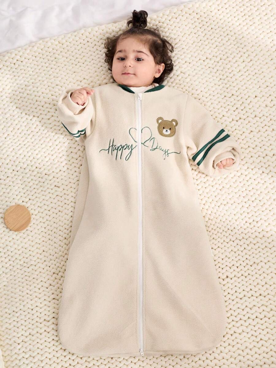 Cozy Pixies 1-Piece Baby Warm Velvet Long-Sleeved Embroidered Love English Bear Head Sleeping Bag Is Suitable For Autumn And Winter, Spring And Summer Wear - Rice apricot - View 1