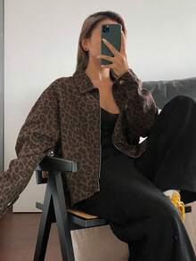 DAZY Women's Leopard Print Loose Casual Denim Jacket - Rust Brown - View 3