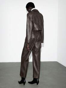 Lumivelle Women's Fashion Lapel Fitted Long Sleeve Jacket + Straight Leg PU Leather Pants Suit Brown Leather Pants Leather Suit Leather Outfit - Coffee Brown - View 2