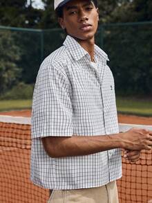 SWAVVY 男士刺绣格子纽扣短袖休闲衬衫 - 黑與白 - 查看 4