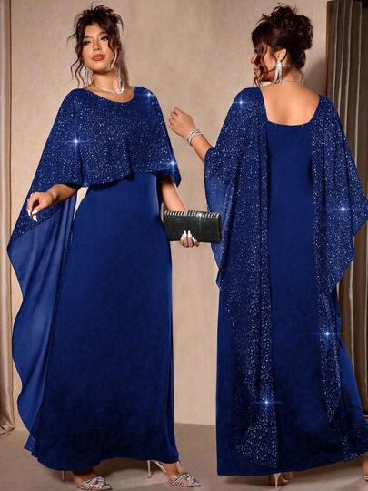 Cravure Abito elegante e romantico da donna taglie forti, in maglia nera tinta unita con inserti in chiffon metallizzato lucido, collo rotondo, aderente, adatto per feste, autunno/inverno