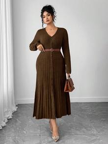 SHEIN Elenzya 1pc Women Plus Size Elegant V-Neck Long Sleeve Flared Hem Sweater Dress - Coffee Brown - View 7