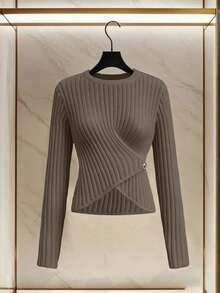 Franclia Women's Elegant Knit Pullover Top, Casual & Versatile, Romantic French Style, Suitable For Autumn/Winter - Brown - View 3