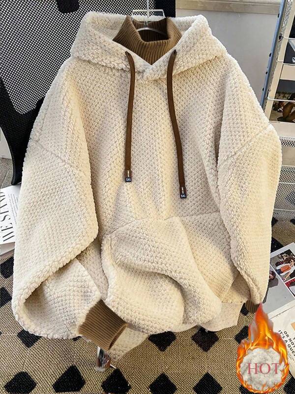 Resyla Women's Contrast Color Solid 2 In 1 Fluffy Knitted Hooded Loose Long Sleeve Sweatshirt, Suitable For Daily Wear, Autumn/Winter