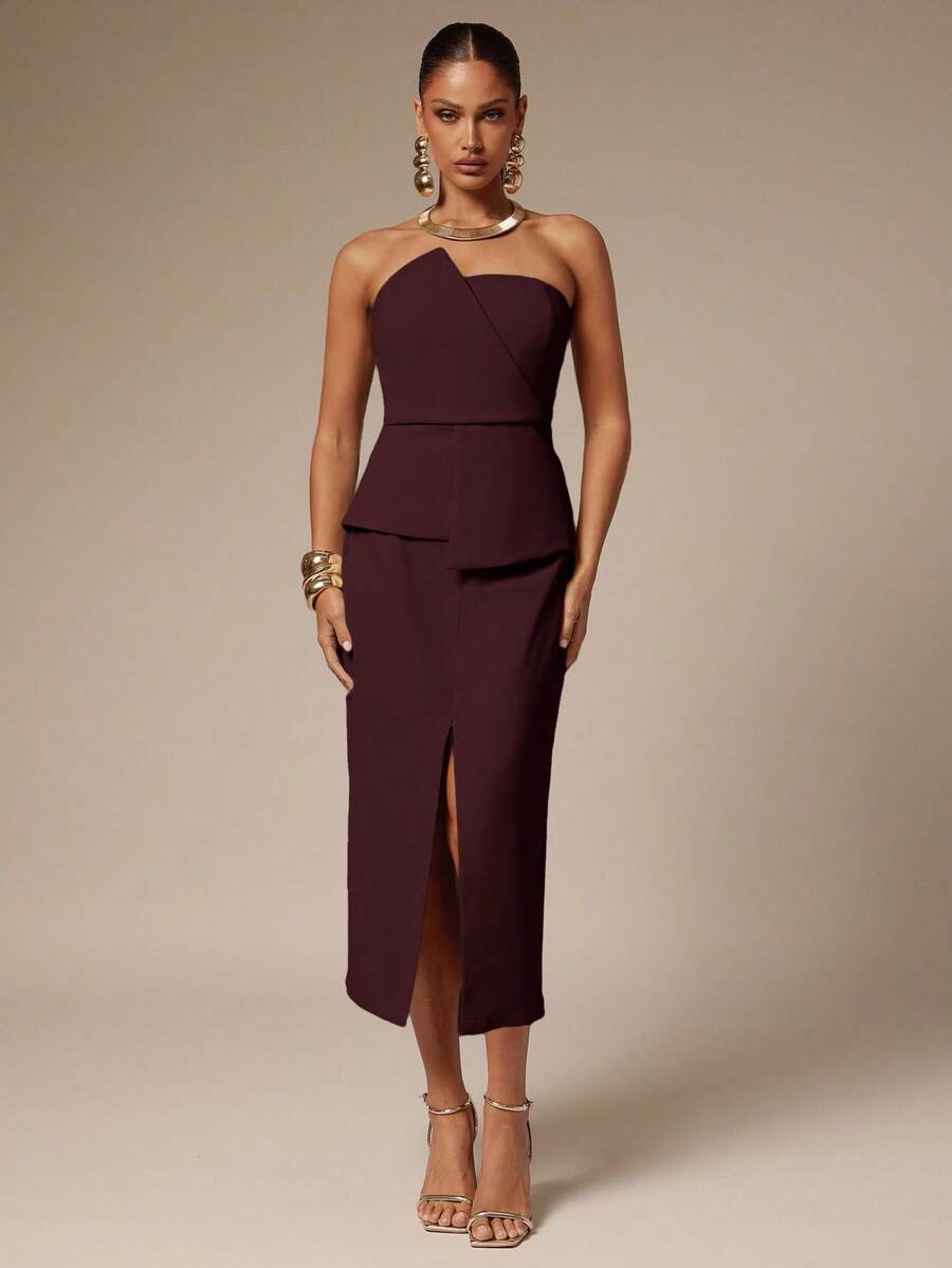 Silquee Women's Elegant Commuter Tube Top & Skirt Suit Set - Burgundy - View 1