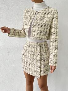 SHEIN Clasi Bộ 2 món áo dài tay và chân váy kẻ caro tối giản thường ngày dành cho nữ - Nhiều màu - Xem 6