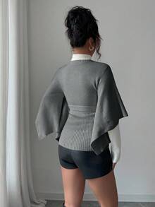 Elenzga Women's Fashionable Versatile Solid Color Poncho Sleeve Sweater, Autumn/Winter - Grey - View 2