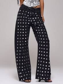 MUSERA Jeans de tiro medio con ajuste holgado, pierna recta, con tachuelas de espejo. Elegante y sexy para ocasiones de fiesta y primavera-verano - Negro - Ver 3